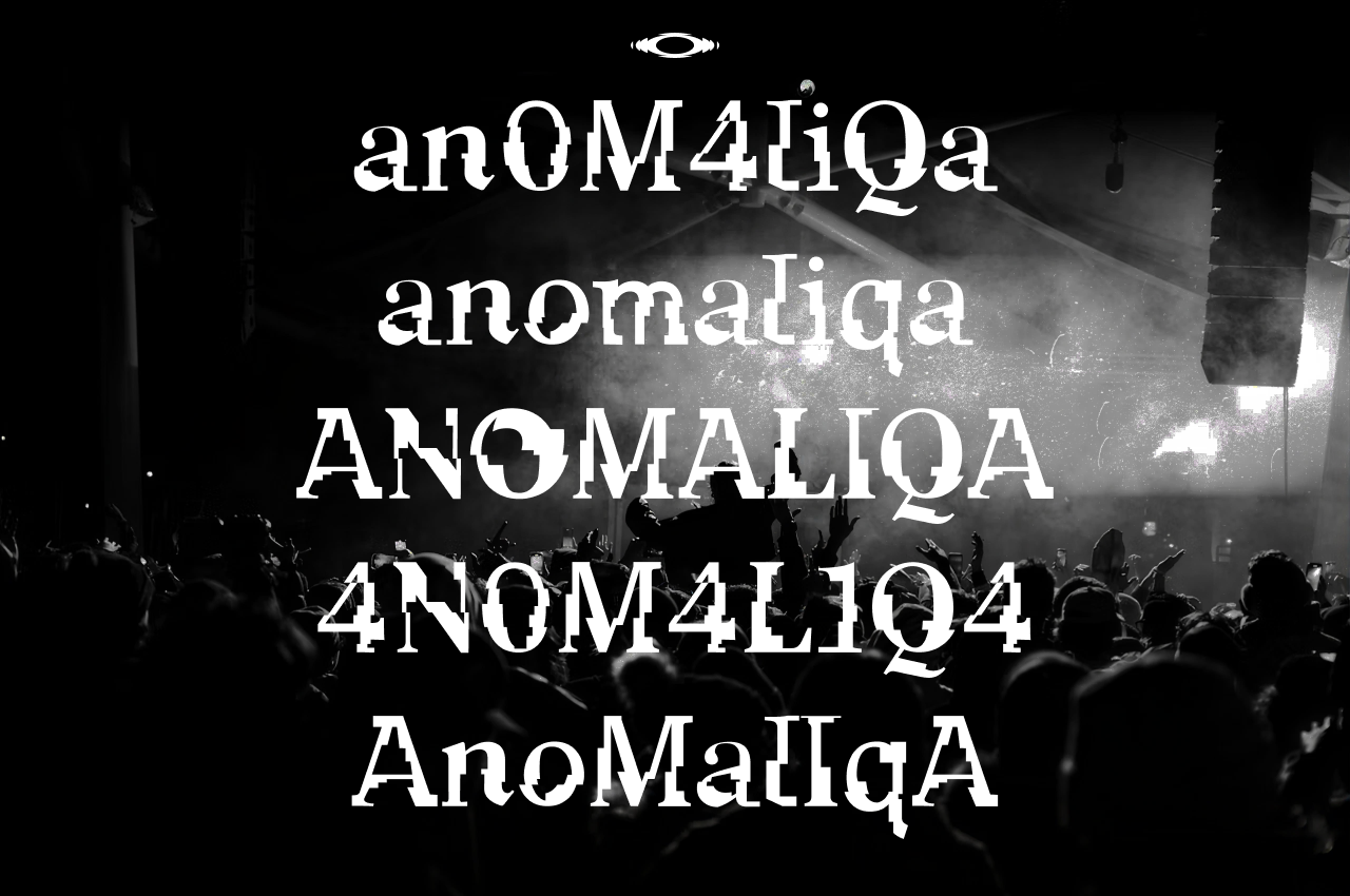 Glitchy serif font layered over moody concert crowd photo with stage lights