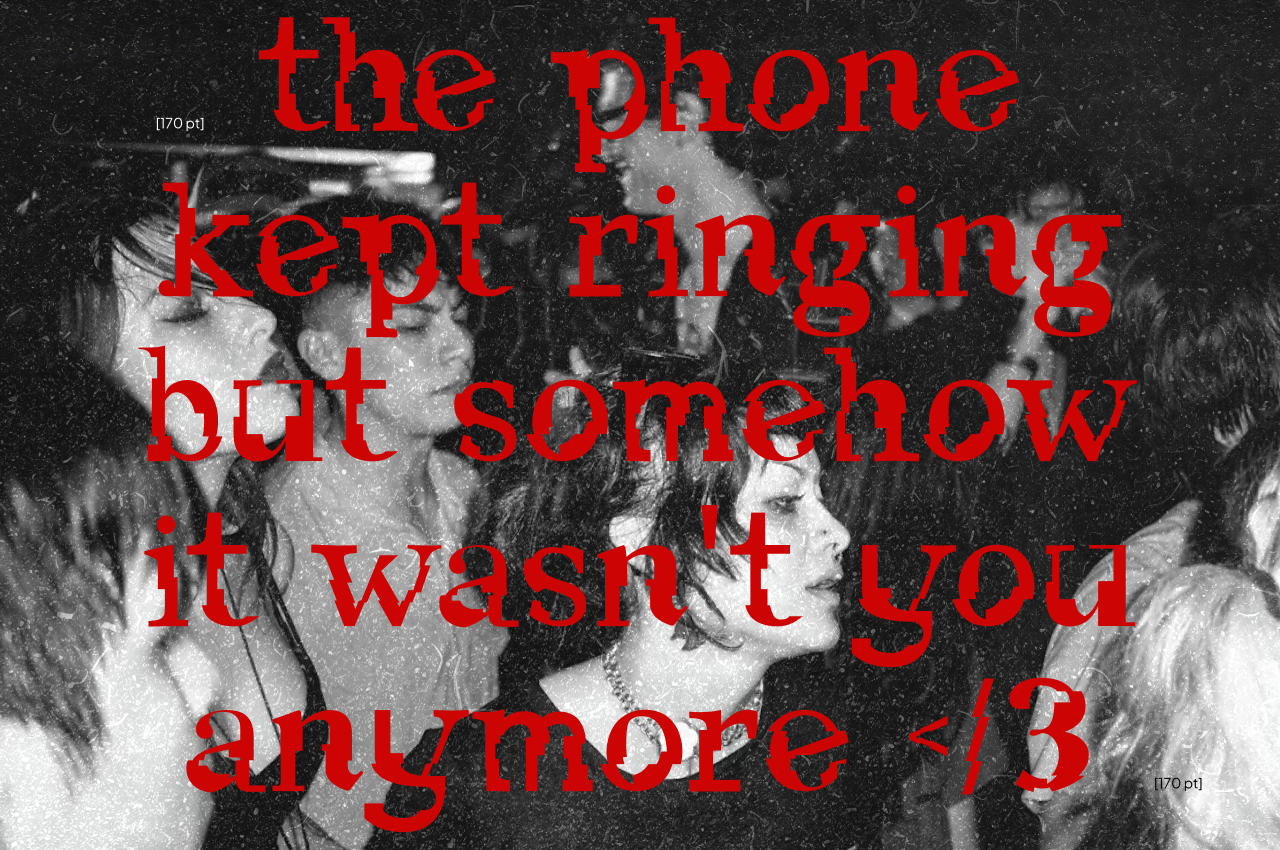 Distressed black white vintage photo with bold red text overlay about phone ringing