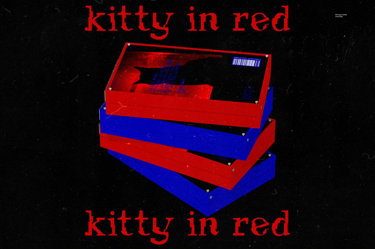 Stacked red blue boxes with cat silhouette on screen against black background