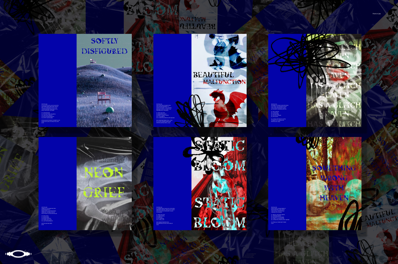 Grid of 6 bold poster mockups with neon text, glitch effects, blue backgrounds, layered imagery