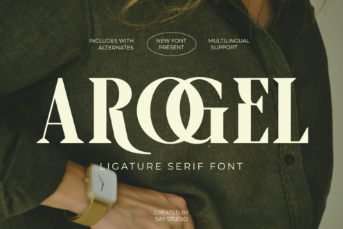 Argofell ligature serif font displayed on olive sweater with multilingual support info