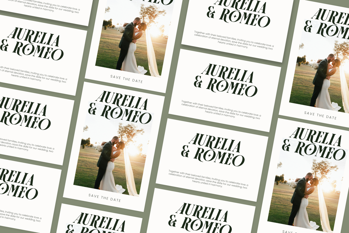 Wedding save the date mockup with couple photo, serif typography, sage green borders