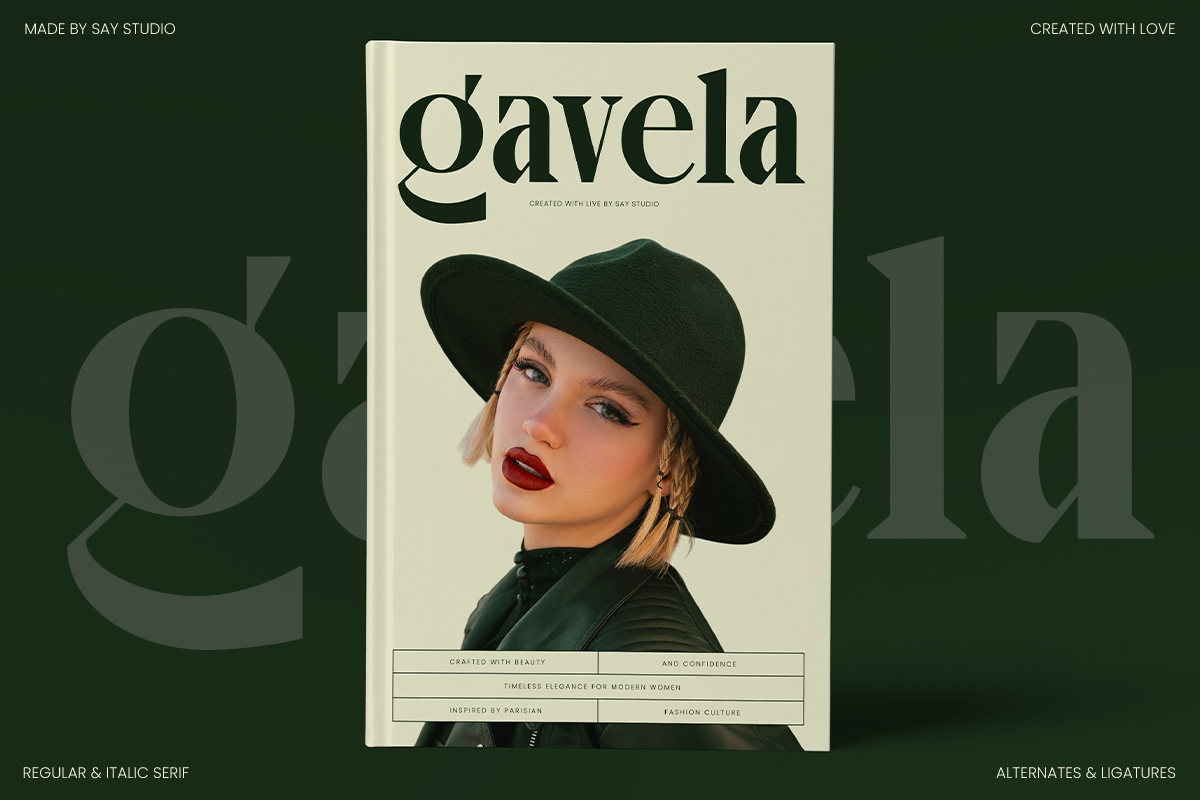 Gavela magazine cover mockup with bold serif typography, cream background, woman in black cowboy hat with red lips