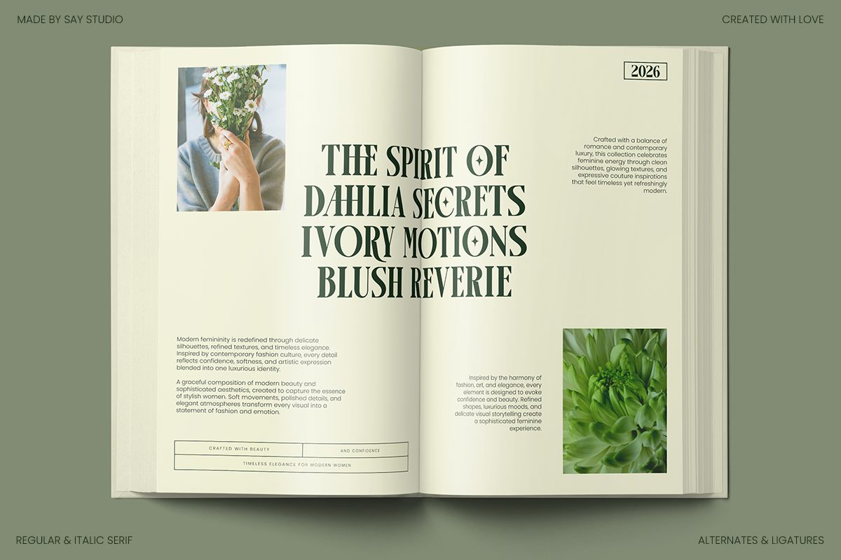 Open magazine spread with sage green serif typography, cream pages, plant photos, botanical imagery with editorial layout