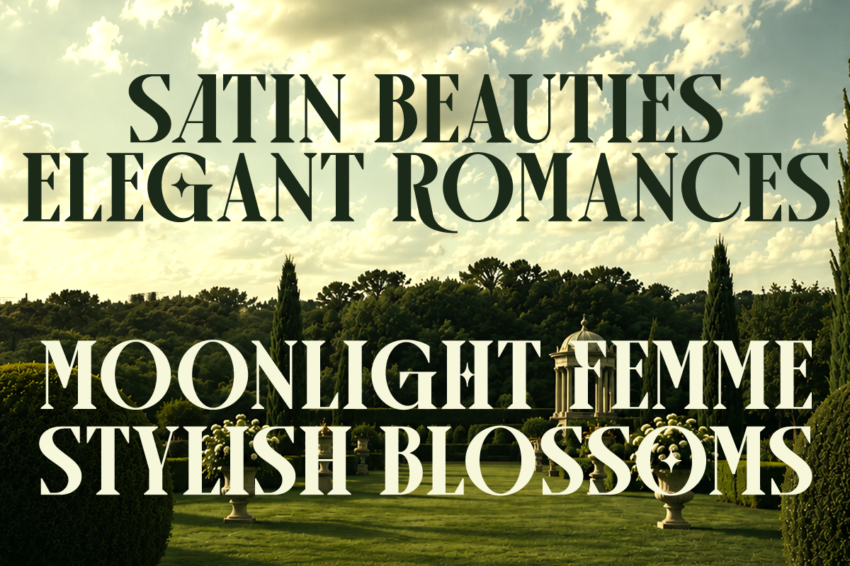 Elegant serif font layered over dreamy estate garden with cypress trees, urns, golden sky vibes