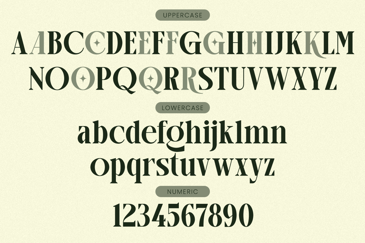 Elegant serif font with uppercase, lowercase, plus numbers on cream background
