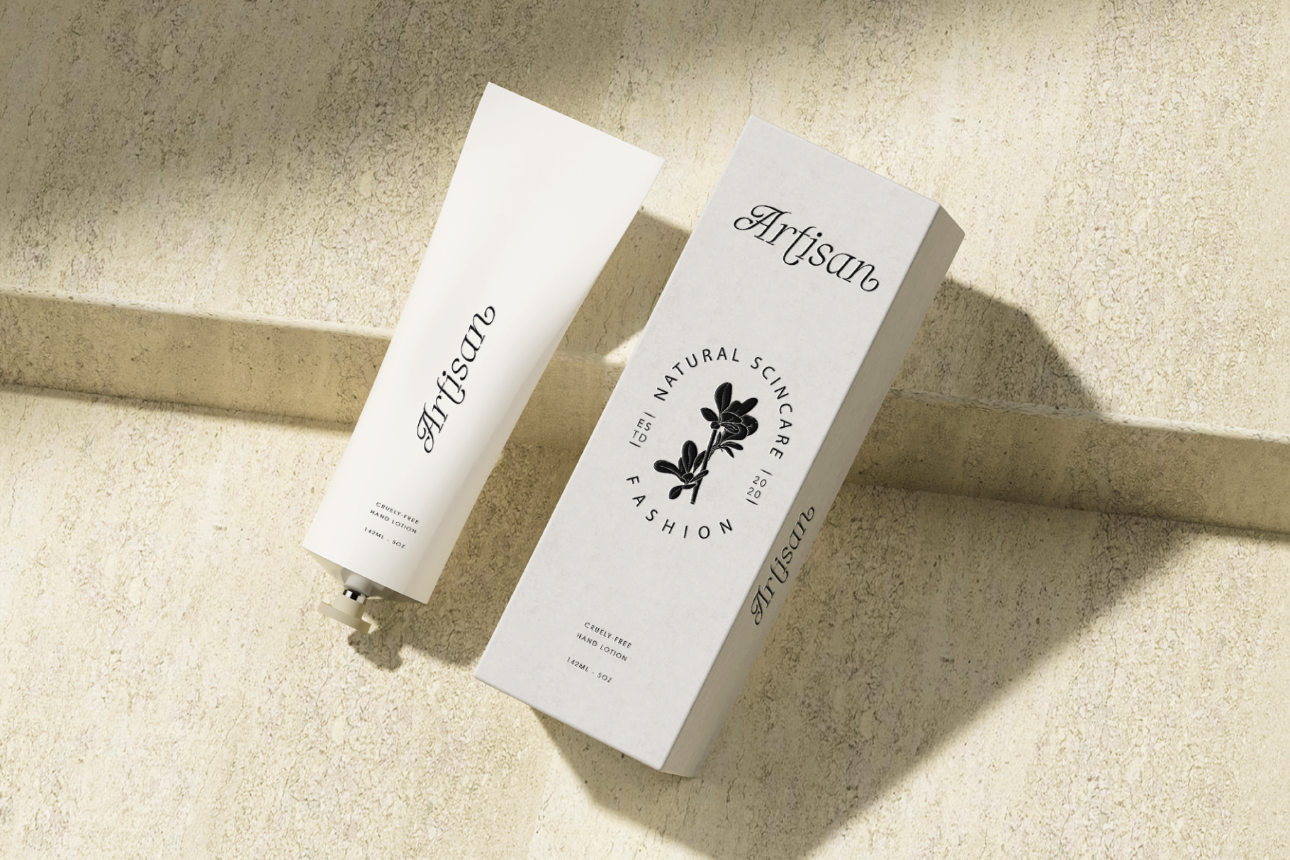 Minimalist skincare packaging mockup with two white boxes on textured stone surface casting soft shadows
