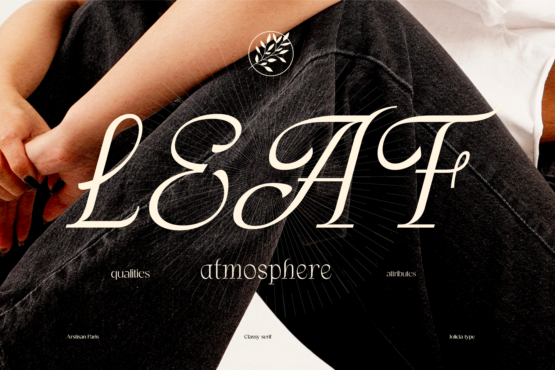 Elegant serif typeface mockup on dark fabric with botanical logo, hand styling, typography details labeled below