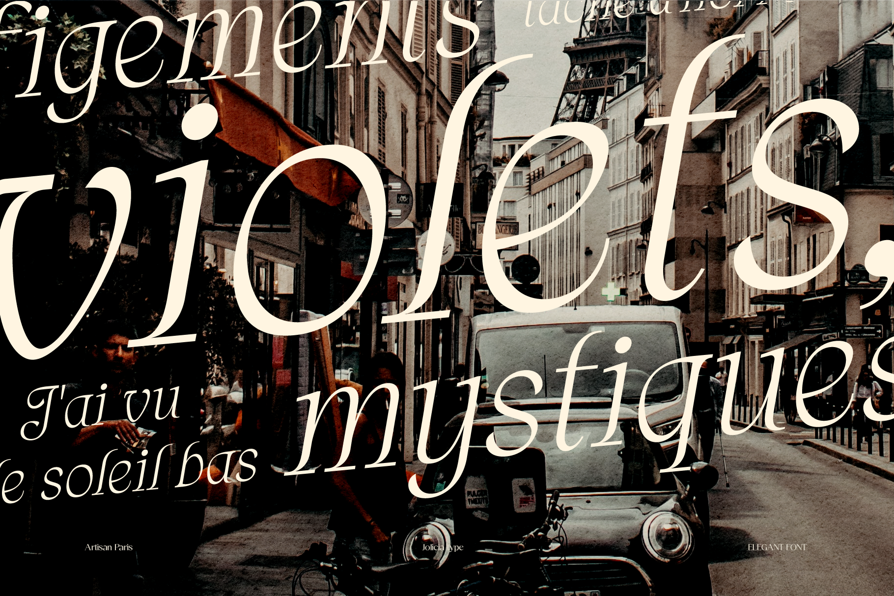 Vintage Paris street scene with cream serif typography overlaid, classic car parked below historic buildings