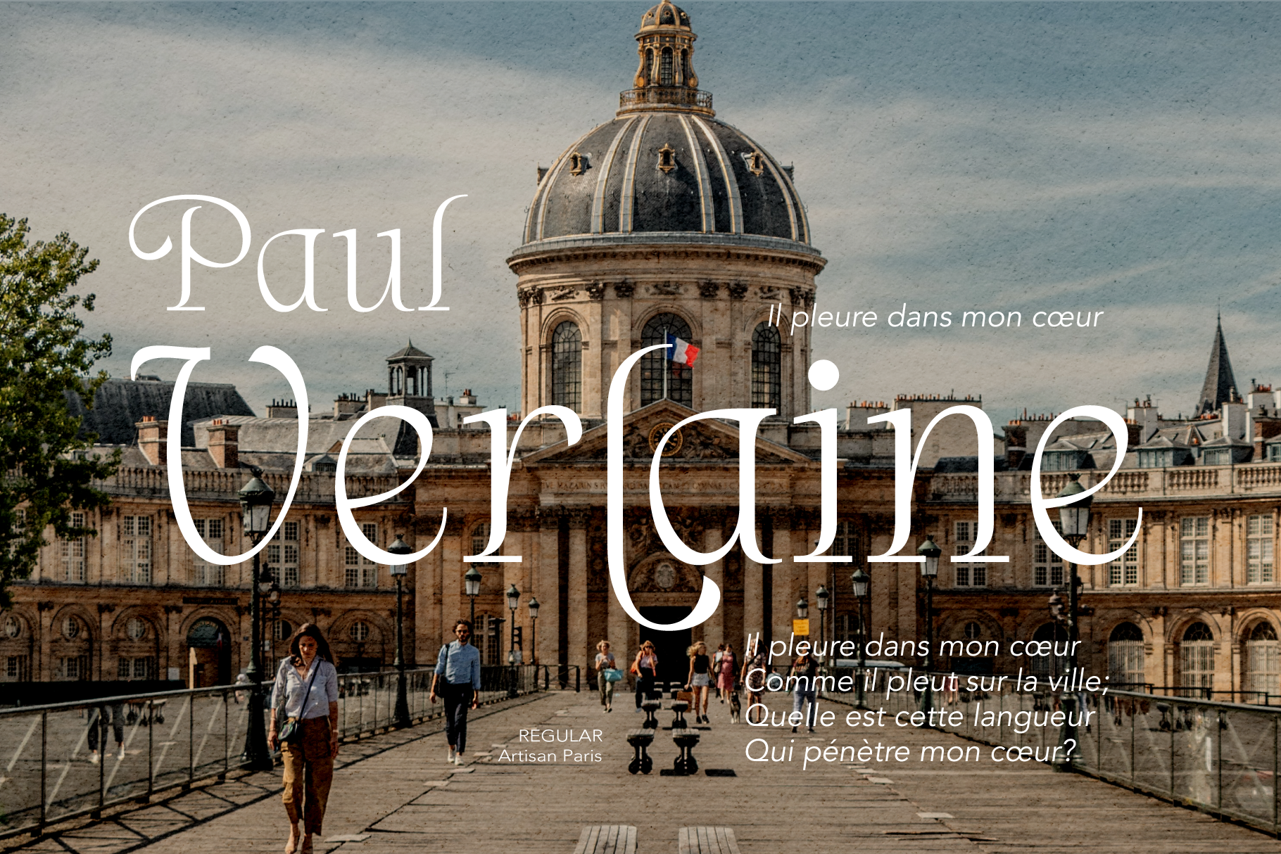 Elegant serif font overlay on Paris street scene with dome building