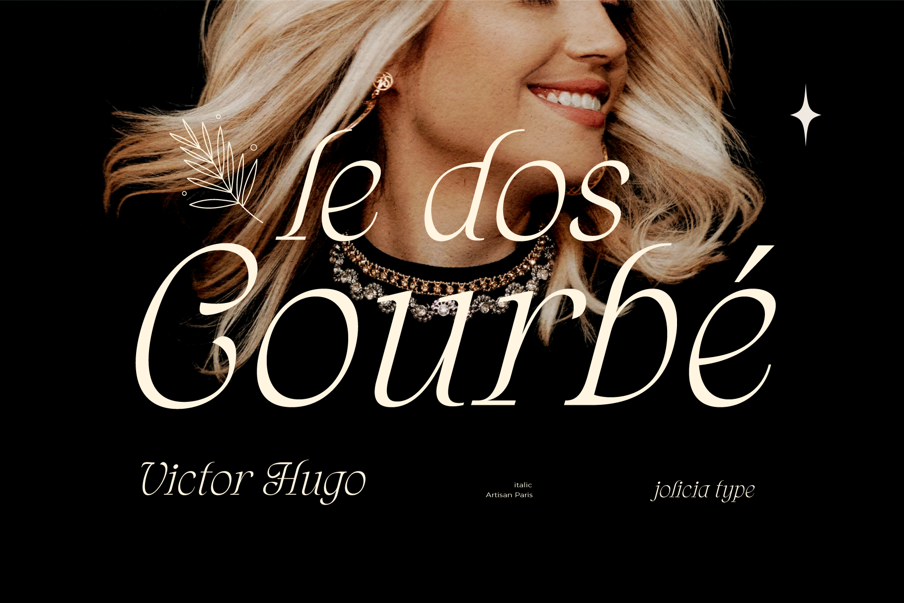 Elegant typography mockup with woman wearing jewelry on black background, showing Victor Hugo, Artisan Paris, jolicita type fonts