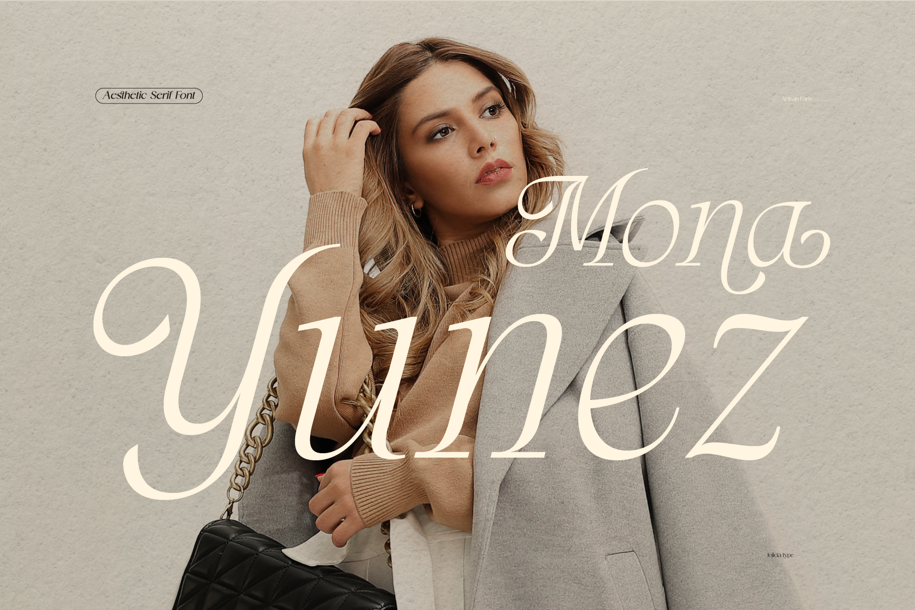 Elegant serif font displayed over fashion portrait of woman in neutral tones with quilted bag