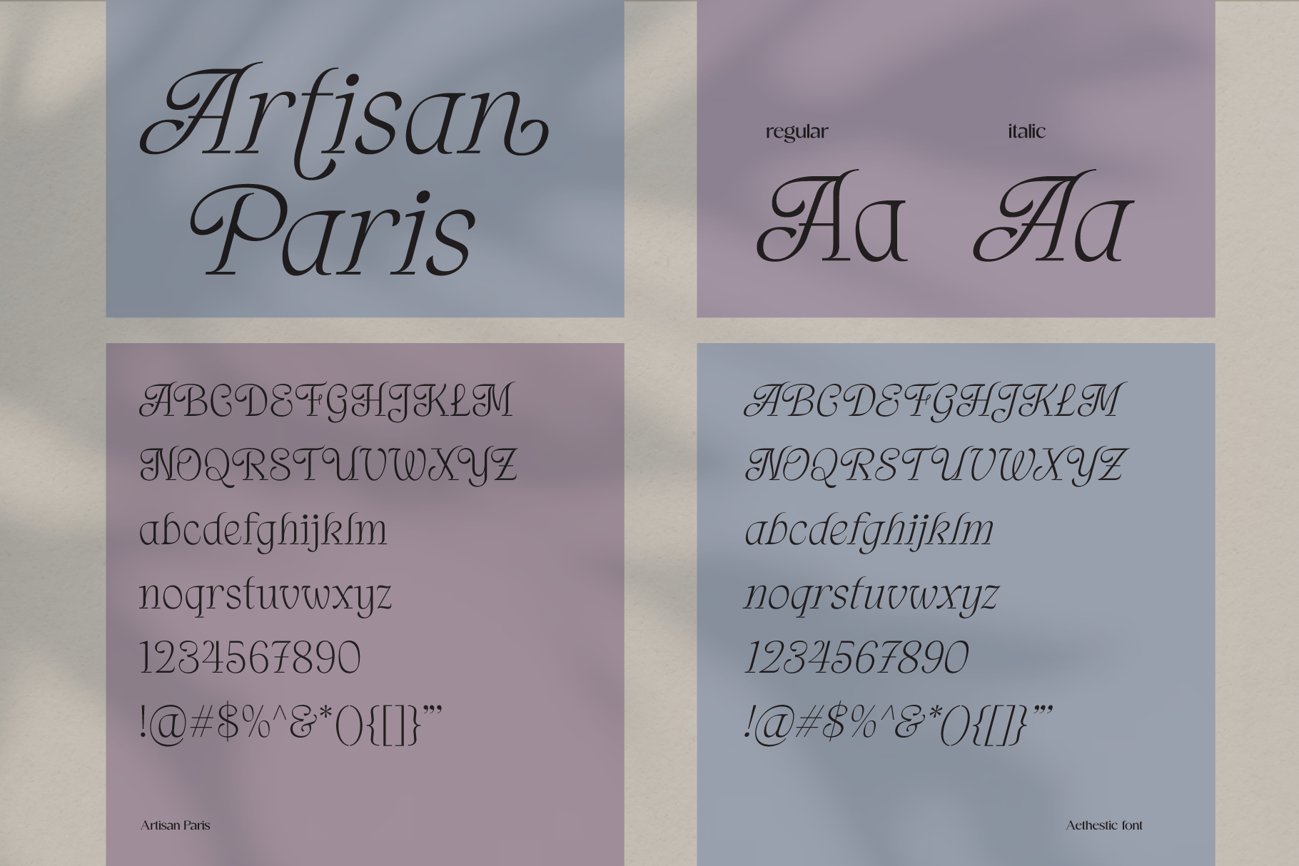 Artisan Paris serif font in regular plus italic with full character set displayed