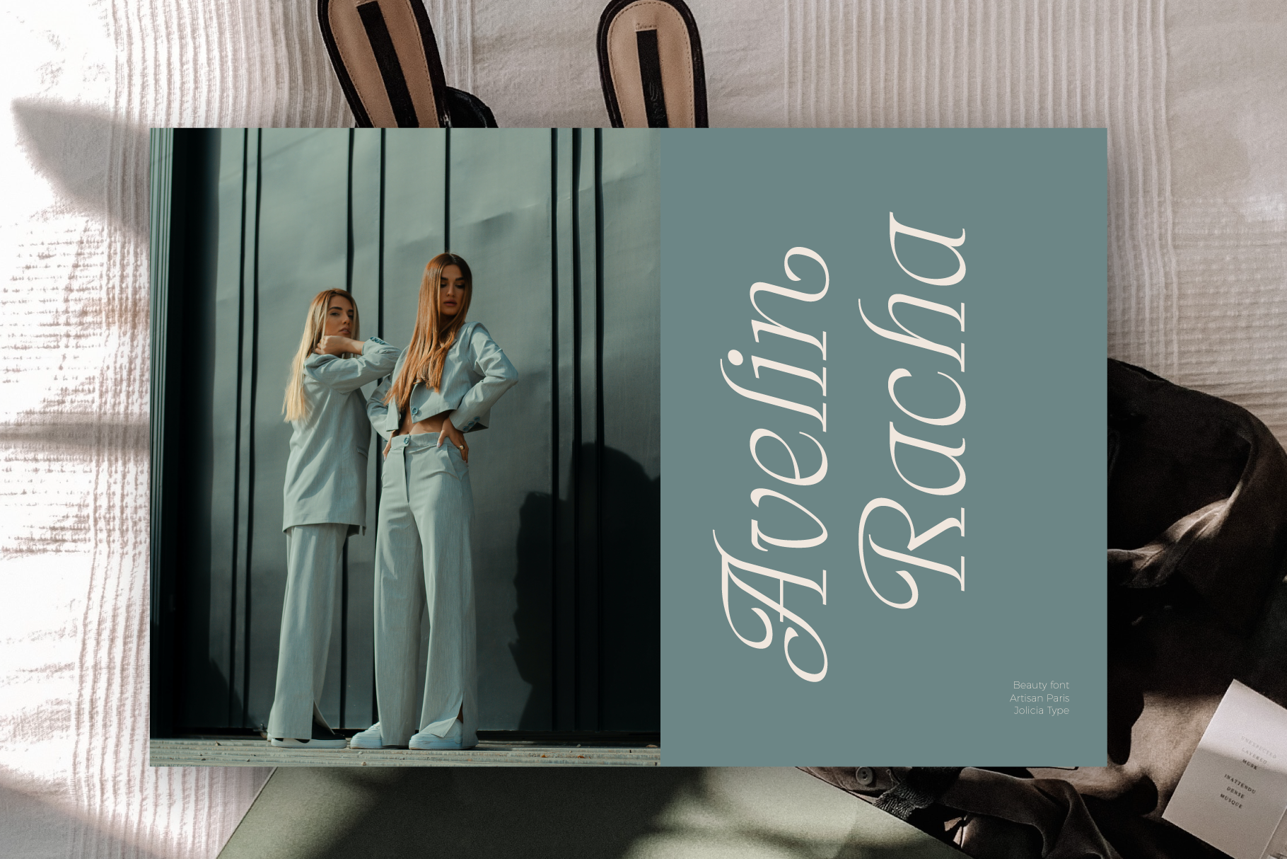 Elegant serif font displayed on muted teal magazine spread with fashion photography
