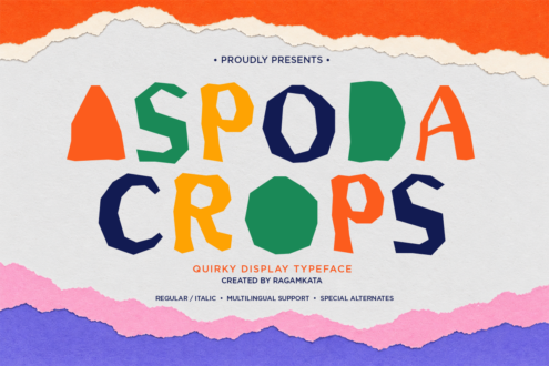 Aspoda Crops quirky display typeface with colorful geometric letters on layered paper texture background