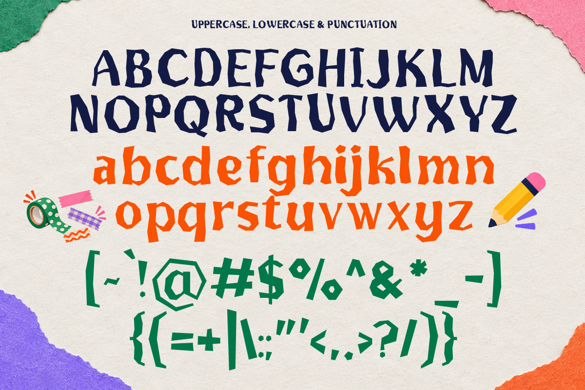 Bold navy uppercase, vibrant orange lowercase, green punctuation with scissors pencil doodles