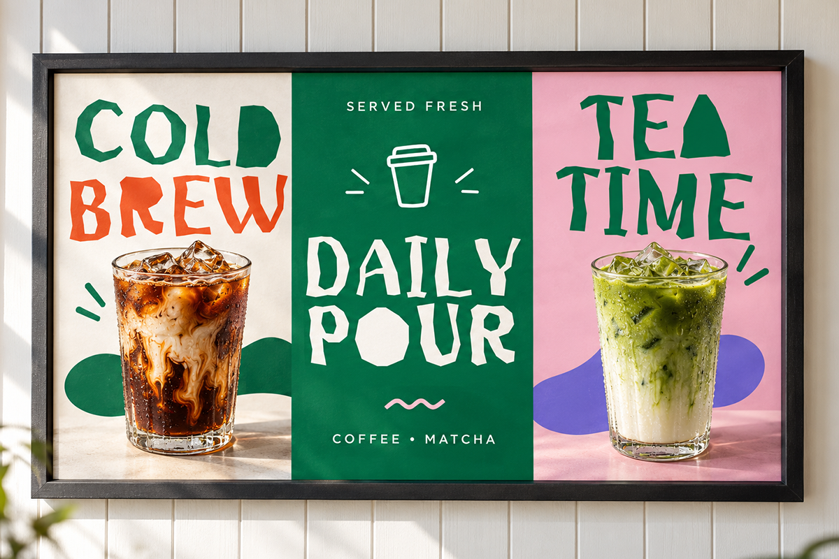 Framed poster with three beverage panels: cold brew iced coffee, served fresh daily pour with cup icon, tea time matcha drink