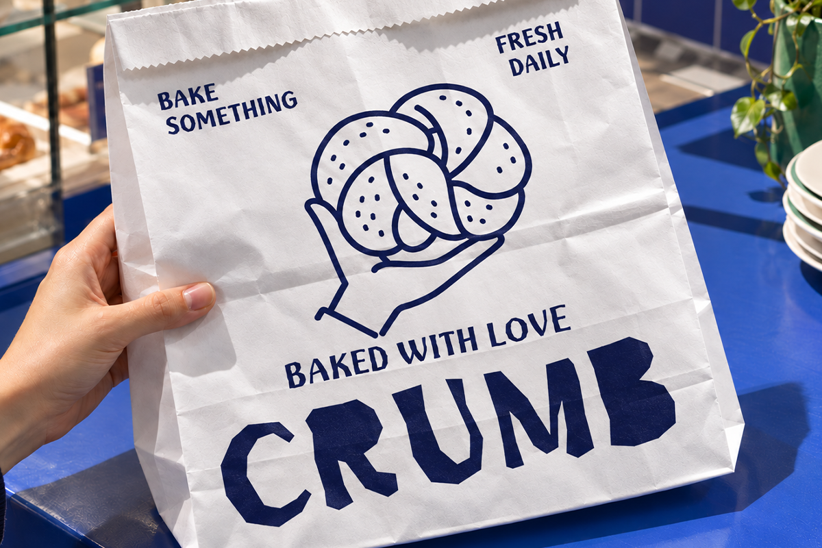 Hand holding white paper bag with navy line art croissant, "Bake Something Fresh Daily" text