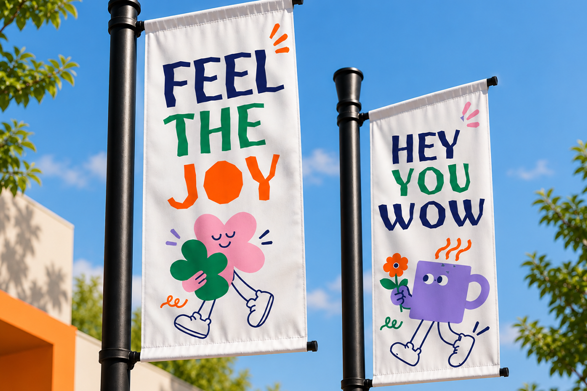 Two vibrant street banners with playful character illustrations, bold typography in navy, green, orange text on white fabric hanging from black poles against blue sky