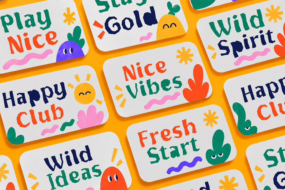 Colorful sticker sheet mockup with playful phrases like Happy Club, Nice Vibes, Wild Spirit in bright typography with cute character illustrations on yellow background