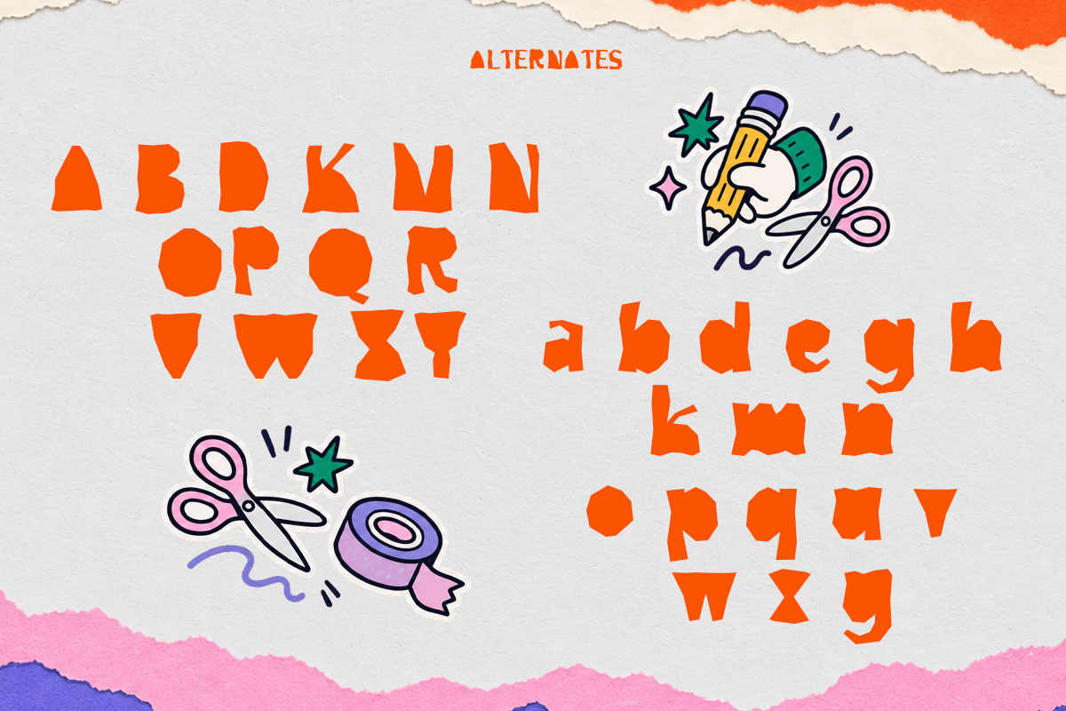 Alternates font showing bold orange letterforms with playful craft doodles in purple, teal, pink on torn paper background