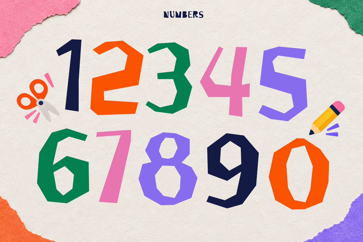 Colorful number set 0-9 with scissors, pencil, torn paper edges on cream background
