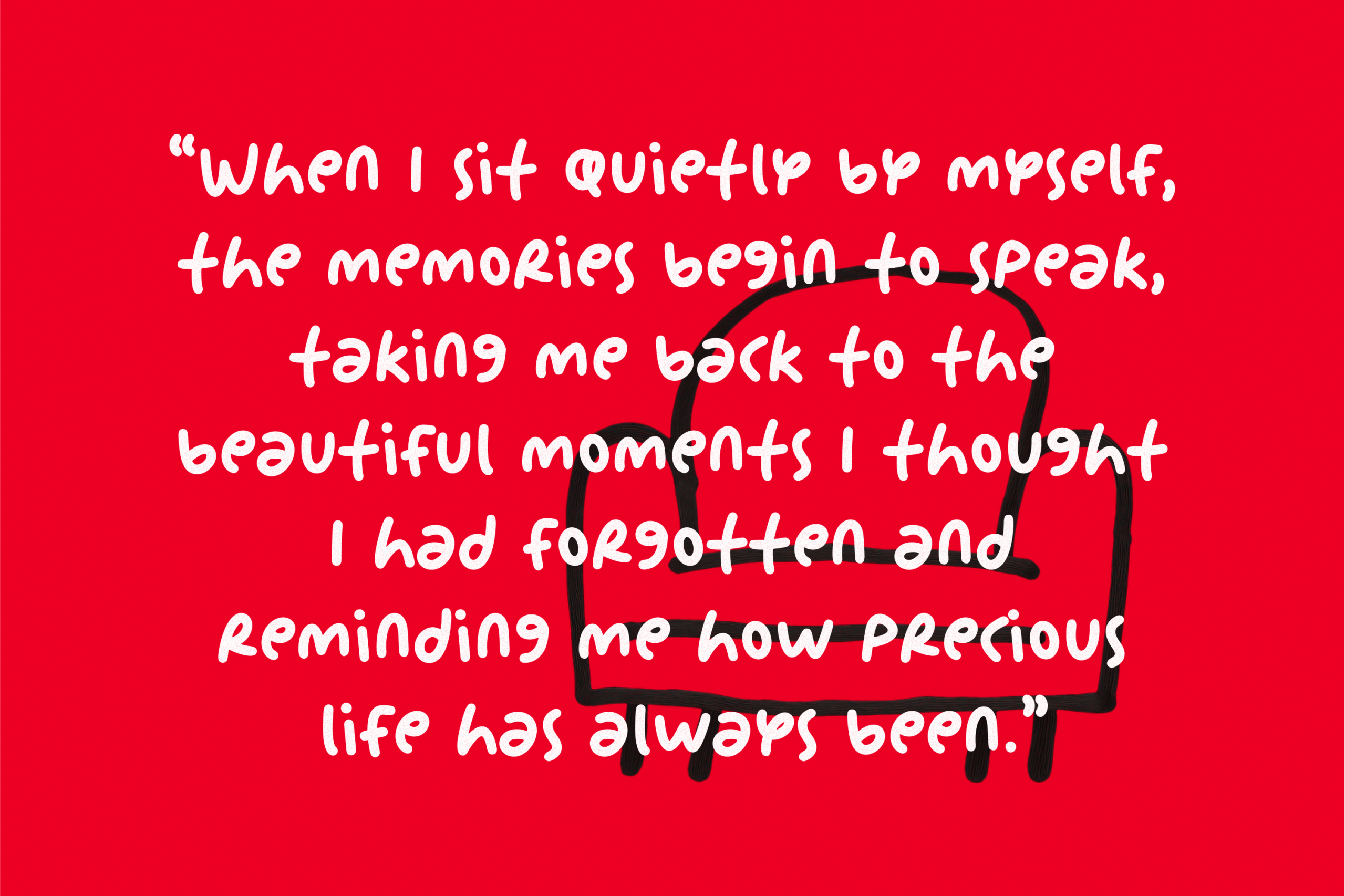 Handwritten quote about memories on bright red background with simple chair doodle