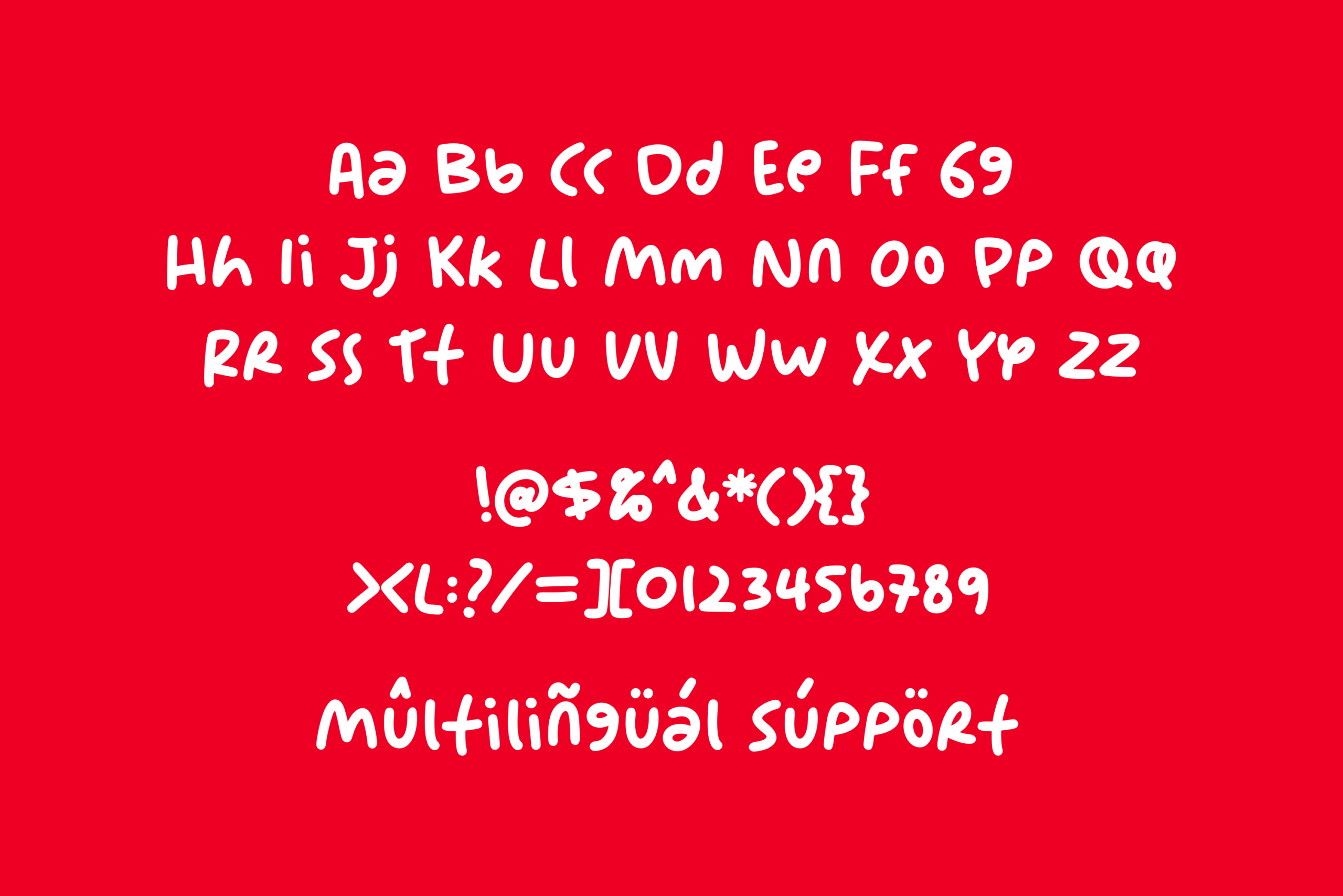 Playful handwritten font displaying full alphabet, numbers, symbols on bright red background