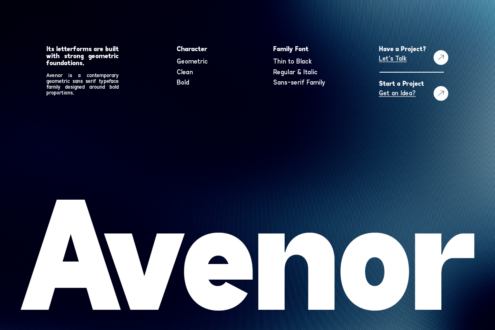 Avenor geometric sans serif font family shown in bold weights with feature details on dark blue gradient background
