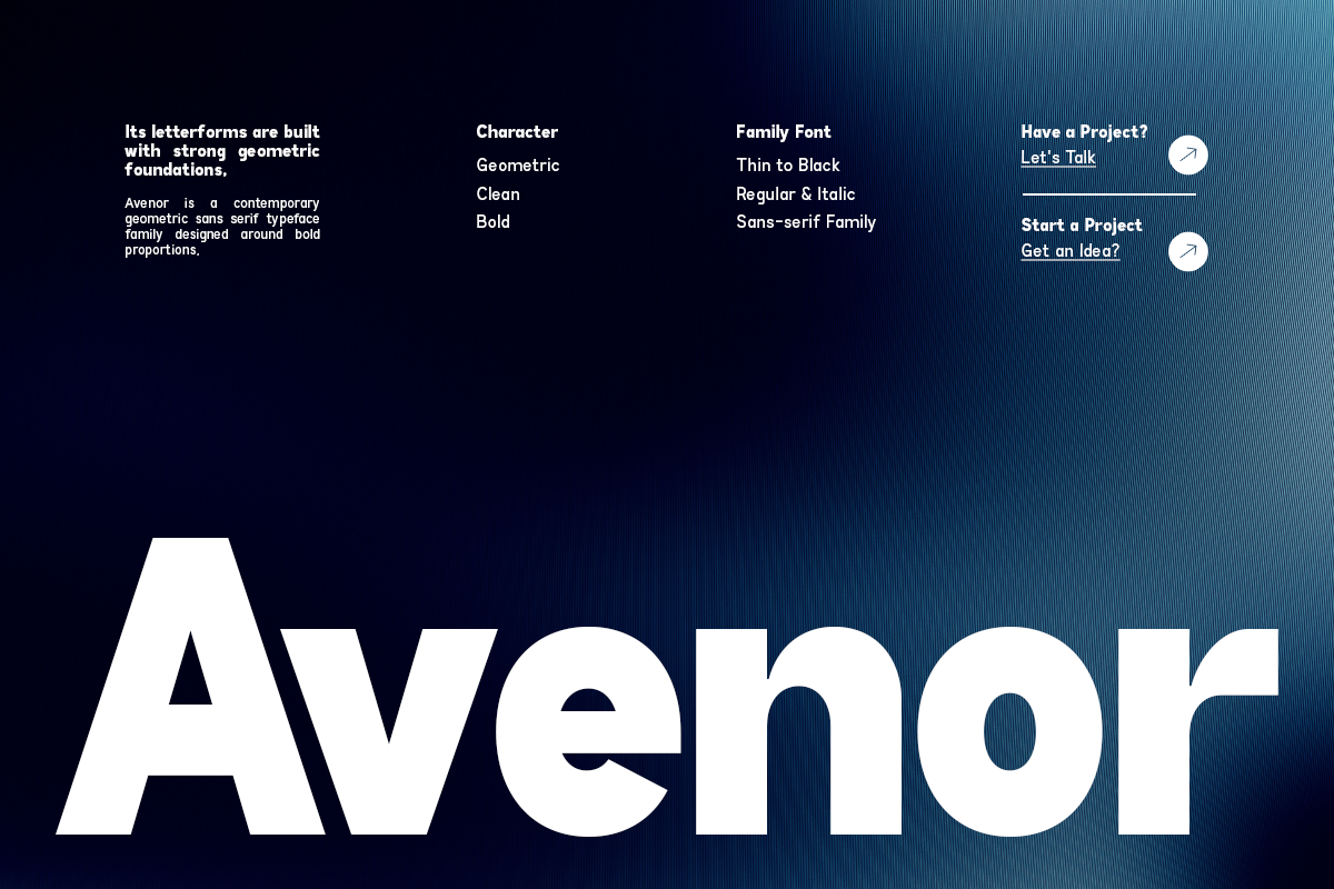Avenor geometric sans serif font family shown in bold weights with feature details on dark blue gradient background