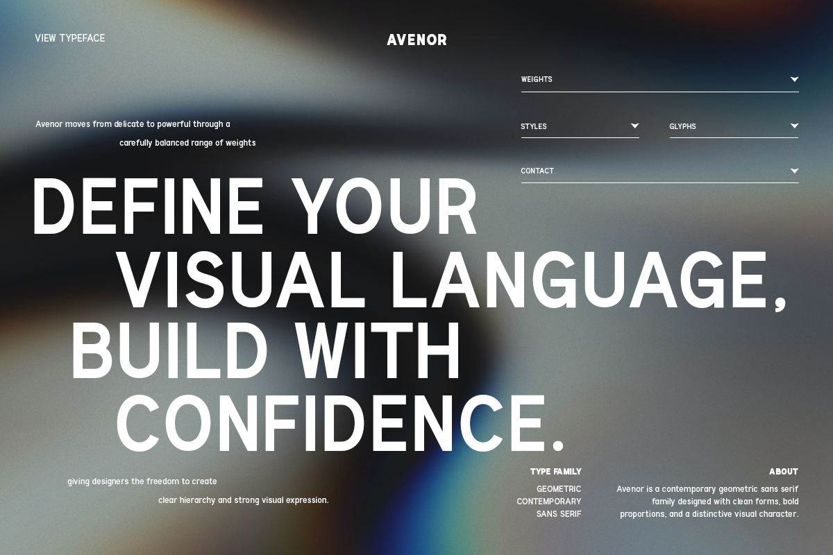 Avenor font family showcase with weights, styles, glyphs displayed on modern interface