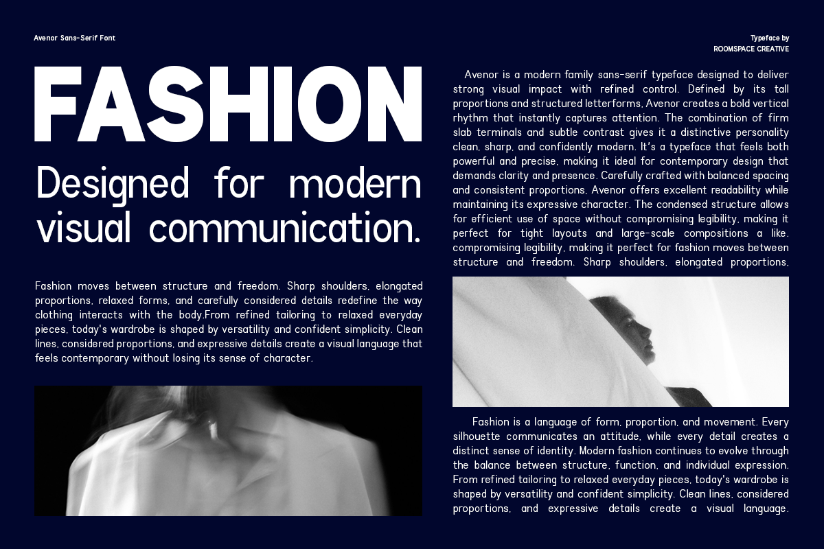 Avenor Sans-Serif Font displayed in bold white letters on dark navy background with fashion imagery
