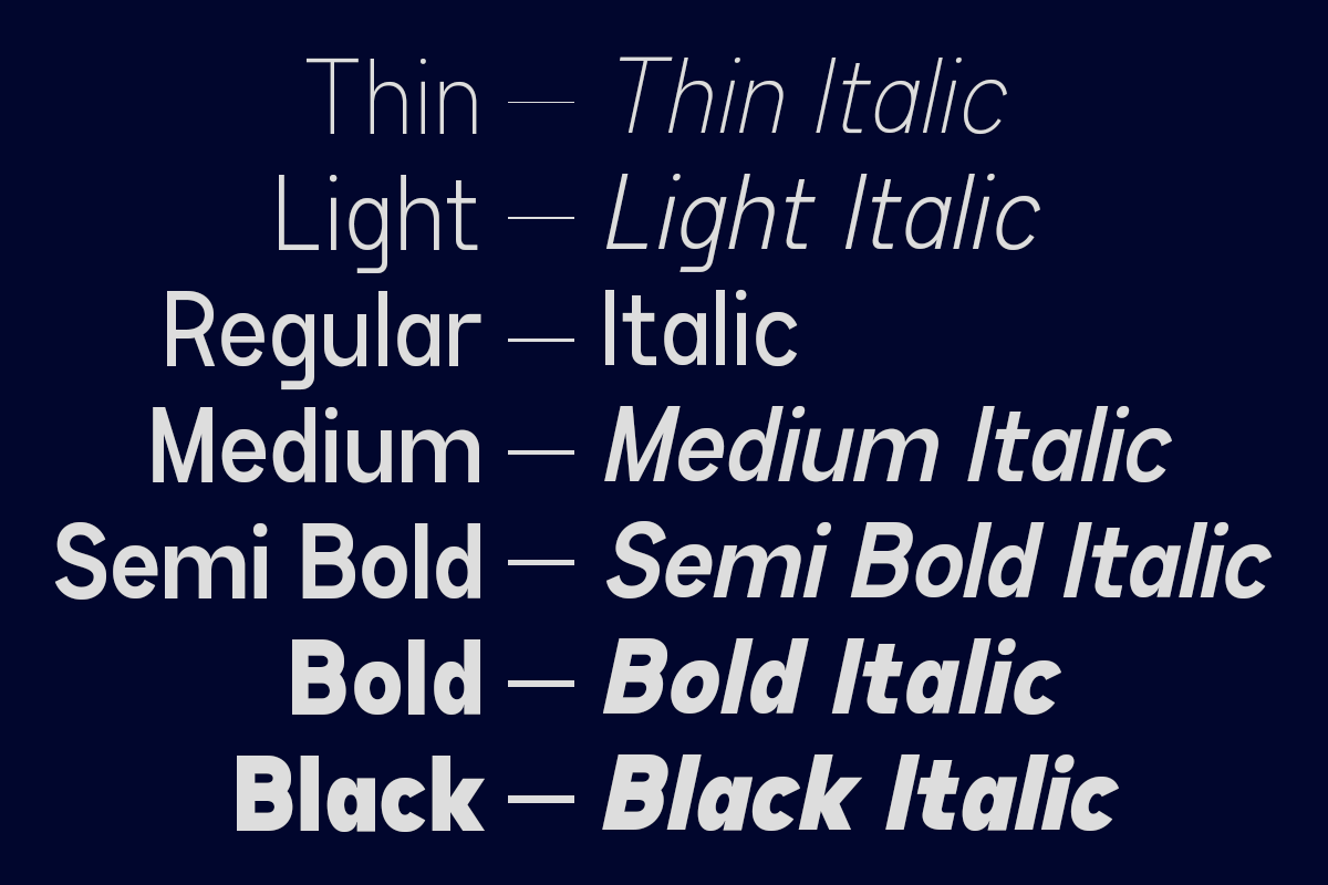 Sleek sans serif font family showing eight weights from thin to black with matching italics on dark blue