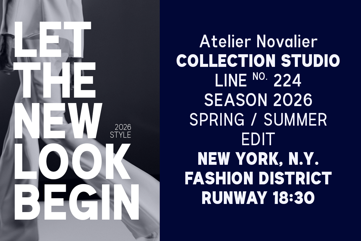 Split screen fashion show poster with bold white text on left side saying "LET THE NEW LOOK BEGIN" over fabric texture, right side navy with event details for Atelier Novalier collection studio runway show