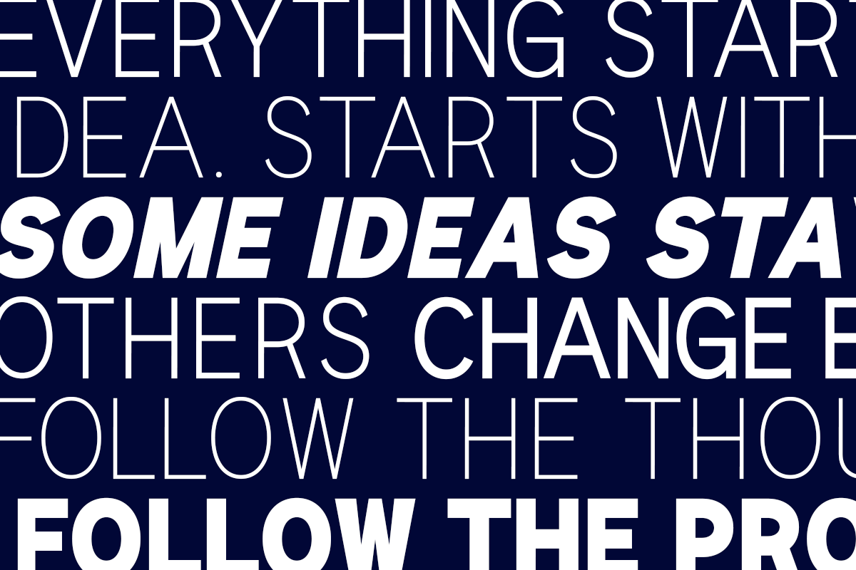 Motivational typography poster with layered text in navy, white, outline fonts about starting ideas