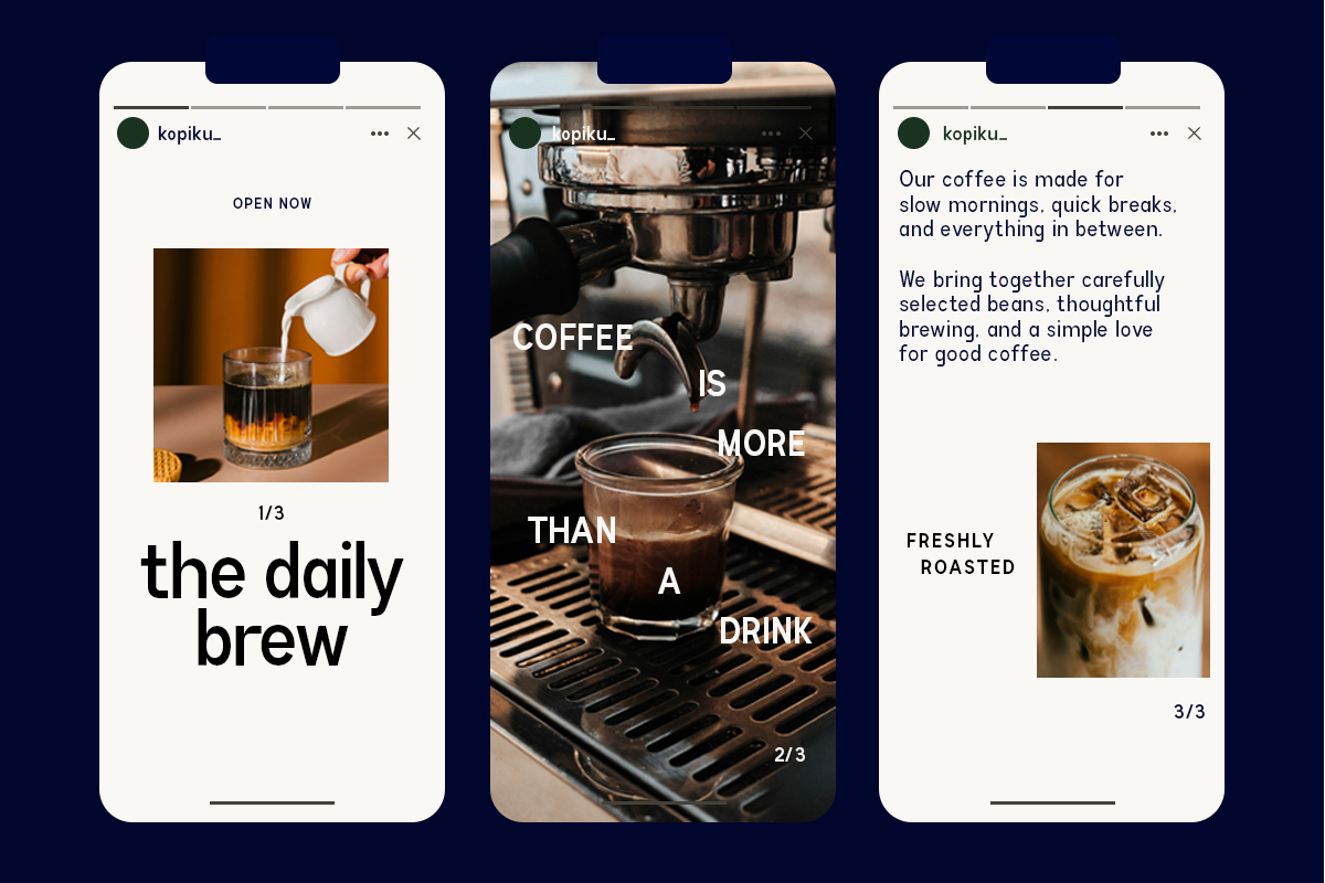 Three mobile phone mockups showing Instagram story templates for a coffee brand with moody product photography