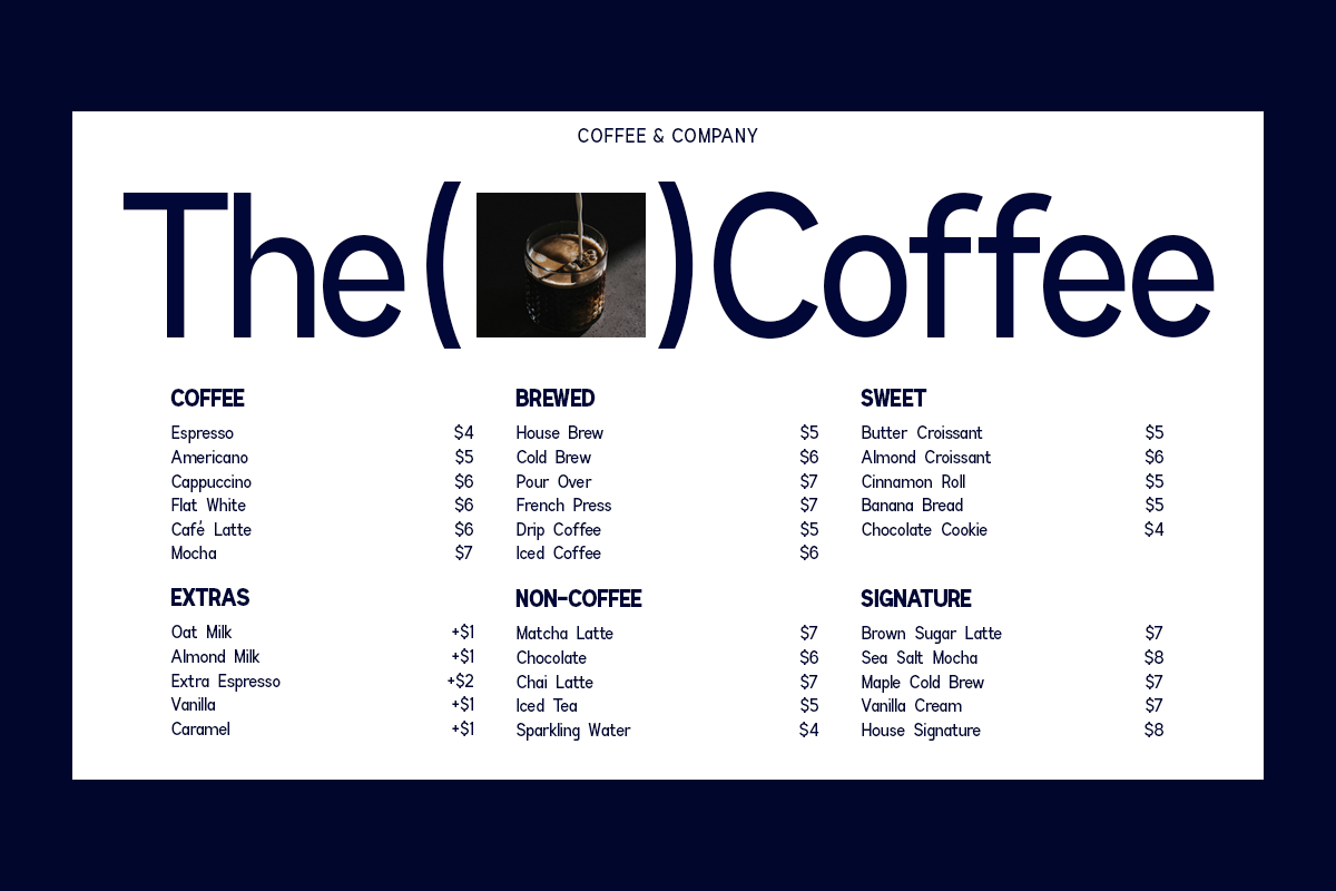 Coffee shop menu mockup with iced drink photo, navy text on white background