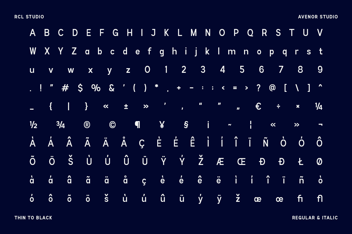 Avenor Studio font character set showing uppercase, lowercase, numbers, symbols, plus accented letters on dark navy background