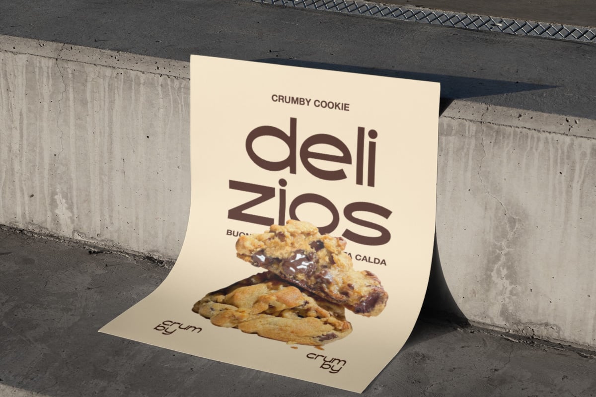 Folded package mockup for Crumby Cookie deli zigs brand sitting on concrete ground
