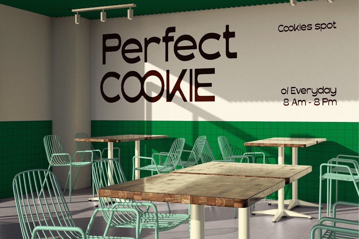 Retro bakery interior mockup with mint chairs, wood tables, green tile wall, industrial ceiling lights