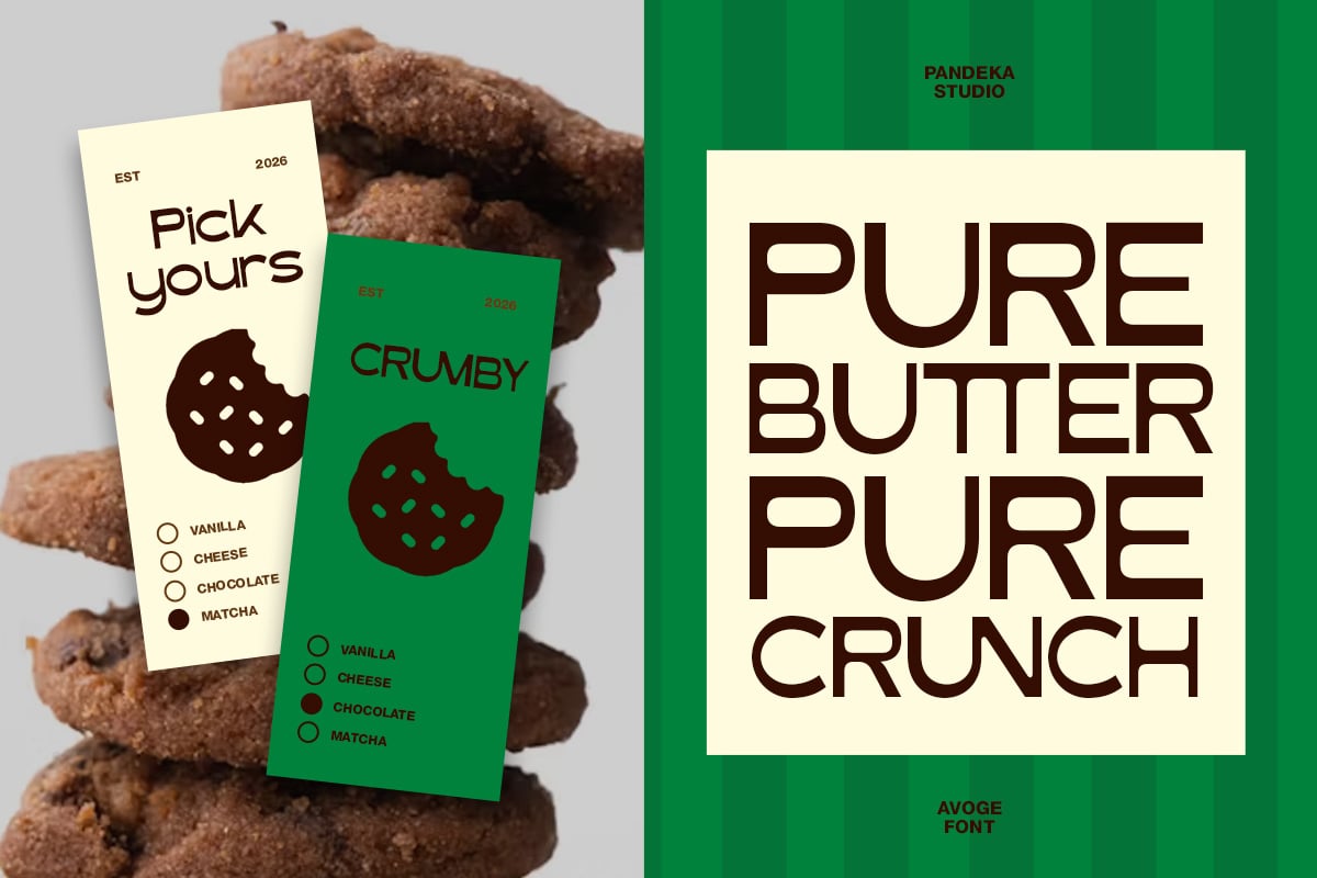 Cookie package mockup with cream plus green labels showing flavor options
