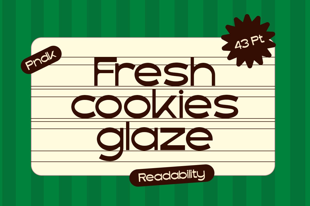 Pnalc Fresh Cookies Glaze font at 43pt size displayed on cream background with readability notes