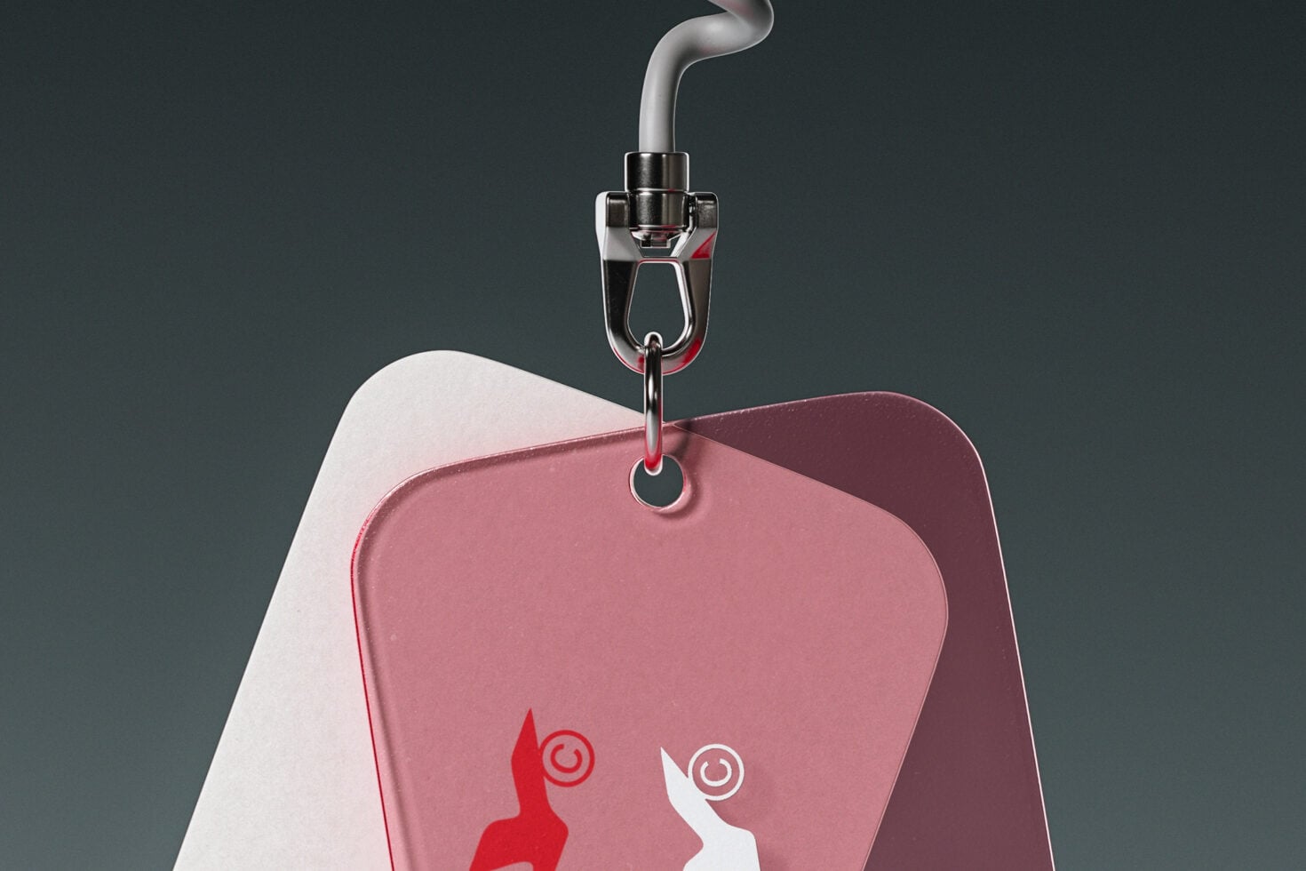 # Alt Text: Dusty rose pouch with llama graphic hooked to carabiner against dark teal backdrop