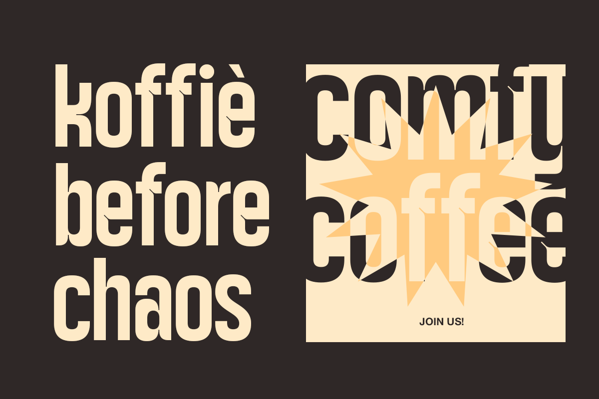 Retro poster with cream type on dark brown, geometric burst graphic, join us call-to-action