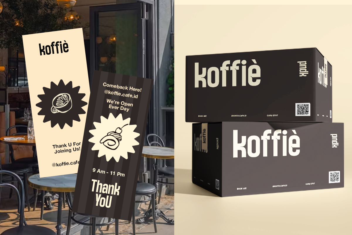 Koffie cafe branding mockup with cream signage, black packaging boxes, starburst logo