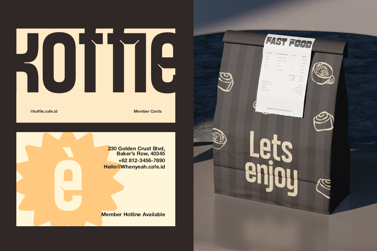 Coffee shop branding mockup with member cards, paper bag, menu design in warm cream tones