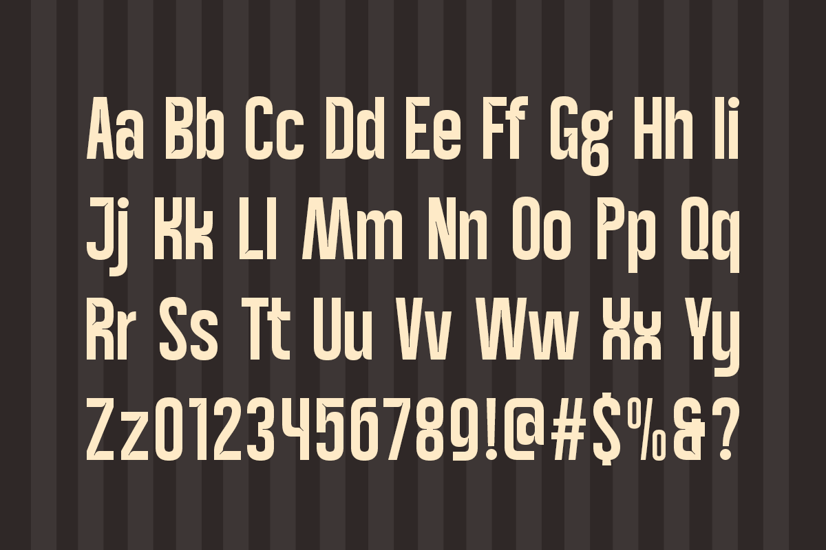 Vintage slab serif font with full character set displayed on striped background
