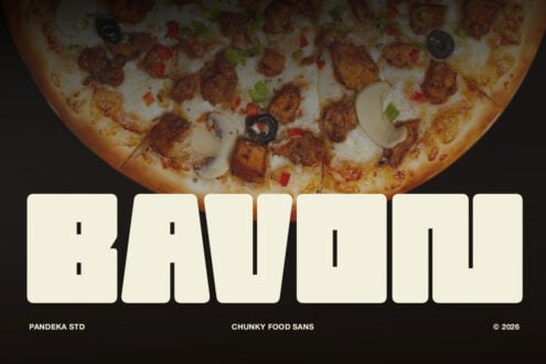 Chunky Food Sans font displayed over loaded pizza with meat, cheese, olives, peppers