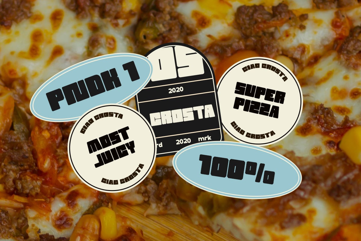 Retro pizza shop sticker pack with bold text labels over cheesy pie background