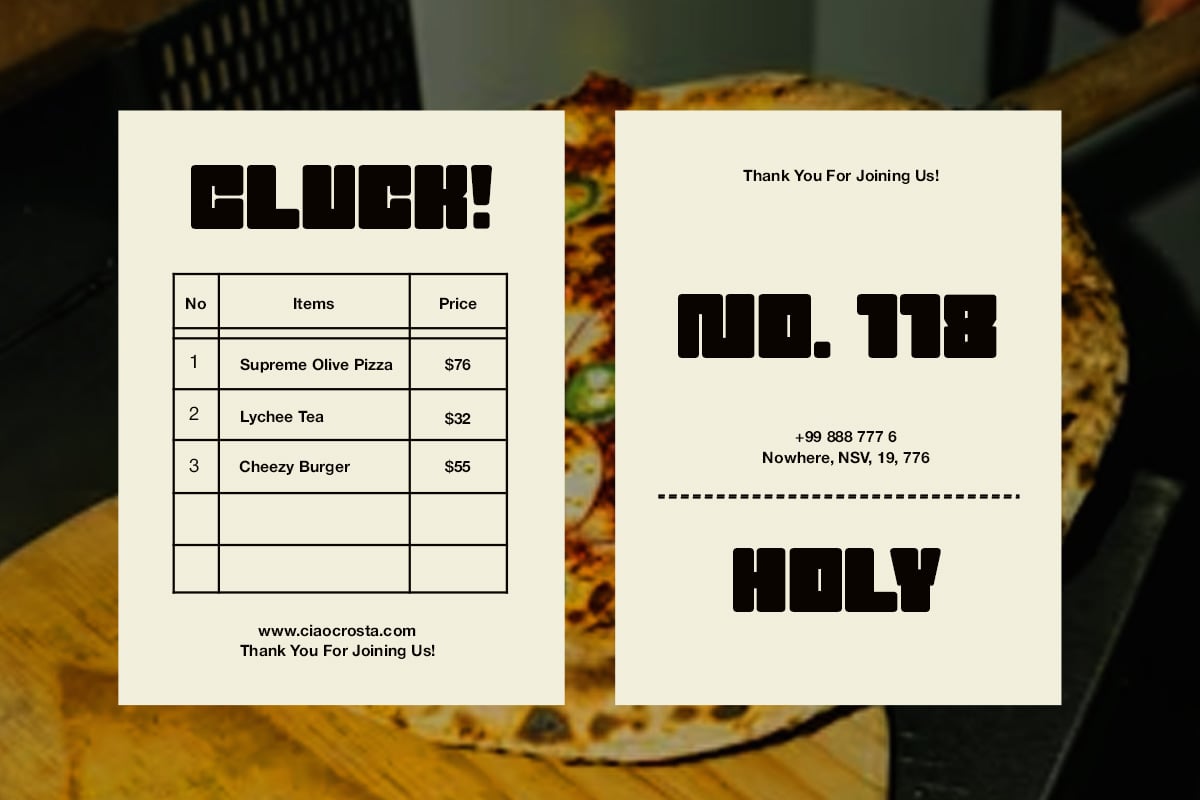 Retro restaurant receipt mockup with menu table, bold typography on cream paper